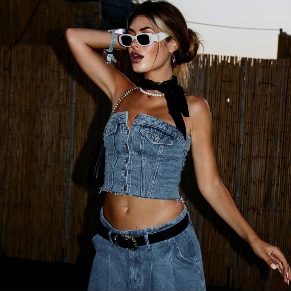 Zara Denim Blue Strapless Top